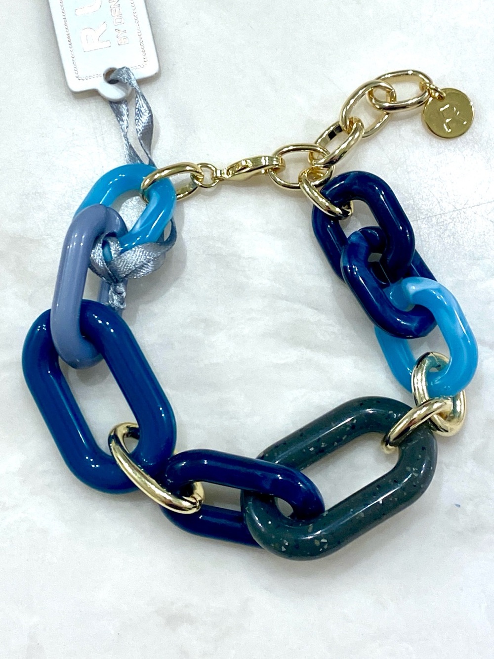 Denis & Charles RUSH Chunky Link Bracelet Blue Turquoise Gold Chain NWT
